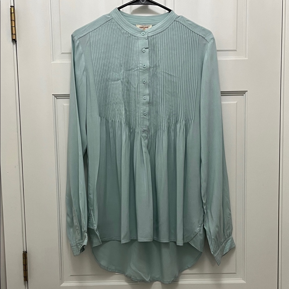Sundance Light Blue 100% Rayon Pintucking High Neckline Blouse Top - Size Small